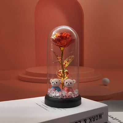 Christmas Rose & Bear Diamond Crystal Plastic Flower Pot - Battery-Powered (AAA Not Included) for Home Decor, Valentine'S Day, Mother'S Day, Graduation Gifts, Eternal Floral Preserved Bouquet, Holiday Gift Item | Whimsical De