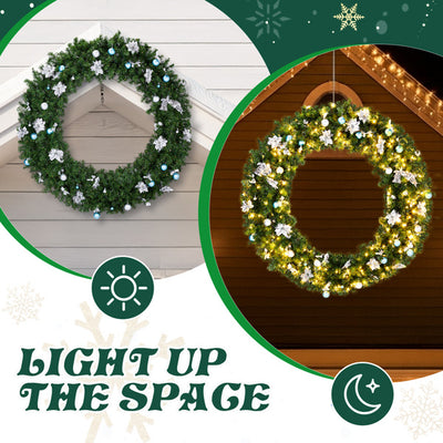 60in Pre-lit Christmas Wreath, Lighted Artificial Xmas Wreath With 220 Cold & Warm White Lights And 600 PVC Tips And DIY Ornaments, For Front Door Gate Wall Xmas Party Decorations, Light Green