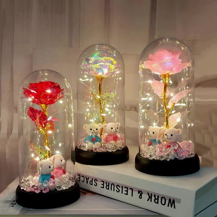 Christmas Rose & Bear Diamond Crystal Plastic Flower Pot - Battery-Powered (AAA Not Included) for Home Decor, Valentine'S Day, Mother'S Day, Graduation Gifts, Eternal Floral Preserved Bouquet, Holiday Gift Item | Whimsical De