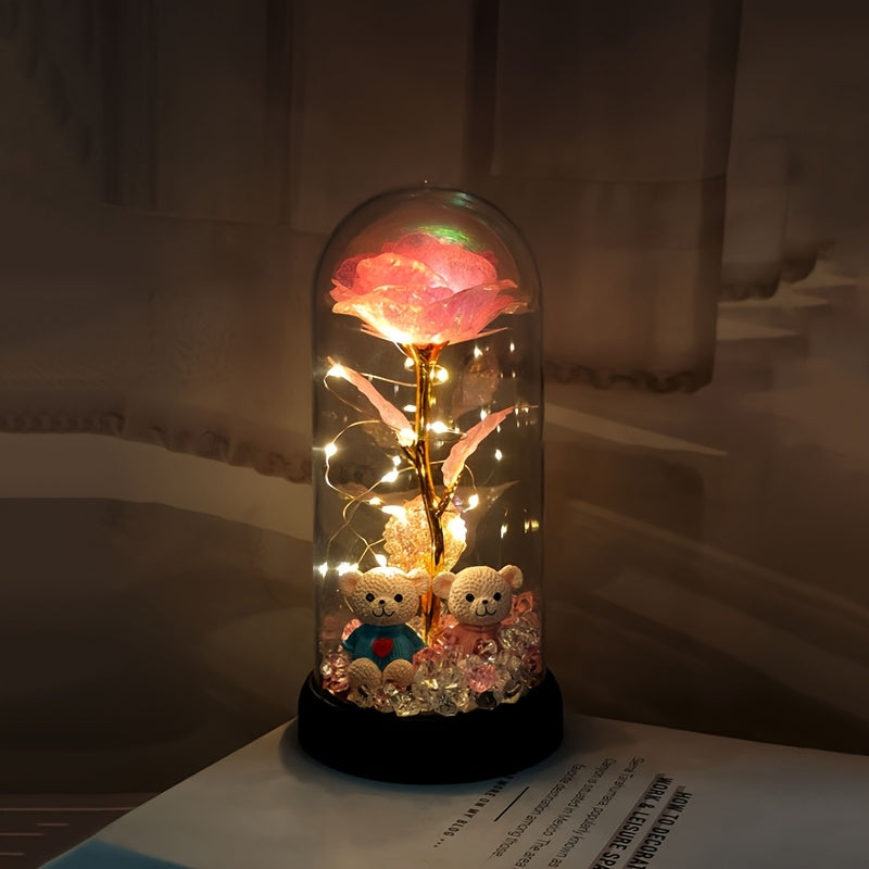 Christmas Rose & Bear Diamond Crystal Plastic Flower Pot - Battery-Powered (AAA Not Included) for Home Decor, Valentine'S Day, Mother'S Day, Graduation Gifts, Eternal Floral Preserved Bouquet, Holiday Gift Item | Whimsical De