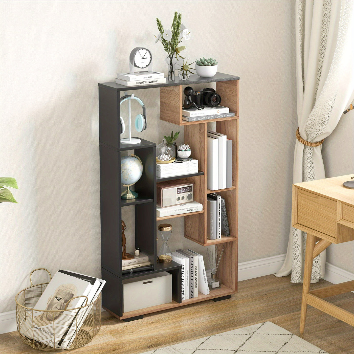 TANGKULA 47-Inch Tall Bookshelf Modern Geometric Bookcase with Open Shelves for Home