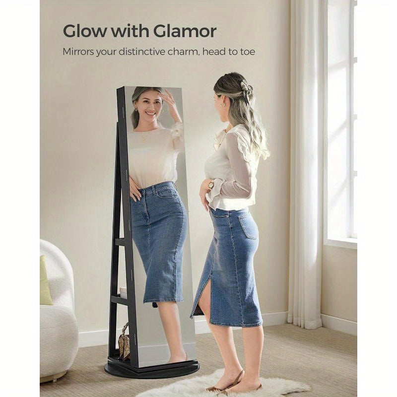 6 LEDs SONGMICS Lockable Mirror Jewelry Cabinet, 360° Swivel Jewelry Organizer with 3 Storage Shelves, Frameless Full-Length Mirror, Standing Jewelry Armoire, Mother's Day Gifts