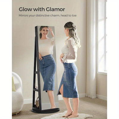 6 LEDs SONGMICS Lockable Mirror Jewelry Cabinet, 360° Swivel Jewelry Organizer with 3 Storage Shelves, Frameless Full-Length Mirror, Standing Jewelry Armoire, Mother's Day Gifts