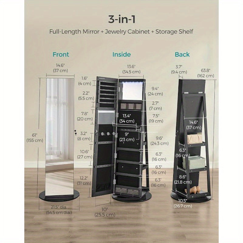 6 LEDs SONGMICS Lockable Mirror Jewelry Cabinet, 360° Swivel Jewelry Organizer with 3 Storage Shelves, Frameless Full-Length Mirror, Standing Jewelry Armoire, Mother's Day Gifts