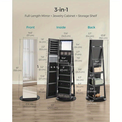6 LEDs SONGMICS Lockable Mirror Jewelry Cabinet, 360° Swivel Jewelry Organizer with 3 Storage Shelves, Frameless Full-Length Mirror, Standing Jewelry Armoire, Mother's Day Gifts
