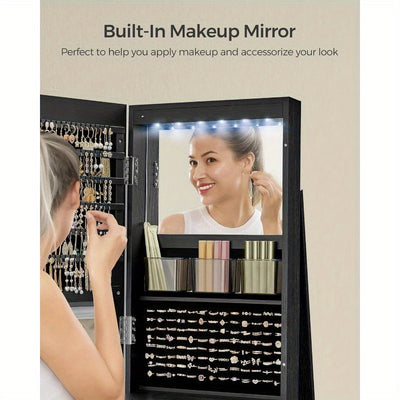 6 LEDs SONGMICS Lockable Mirror Jewelry Cabinet, 360° Swivel Jewelry Organizer with 3 Storage Shelves, Frameless Full-Length Mirror, Standing Jewelry Armoire, Mother's Day Gifts