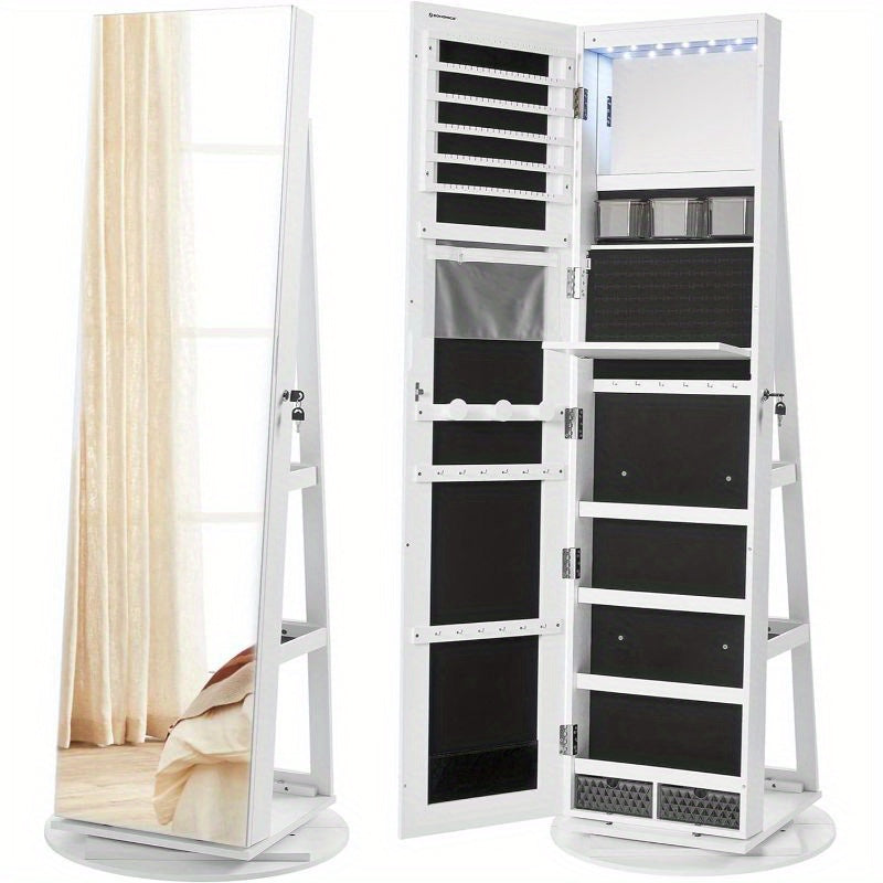 6 LEDs SONGMICS Lockable Mirror Jewelry Cabinet, 360° Swivel Jewelry Organizer with 3 Storage Shelves, Frameless Full-Length Mirror, Standing Jewelry Armoire, Mother's Day Gifts