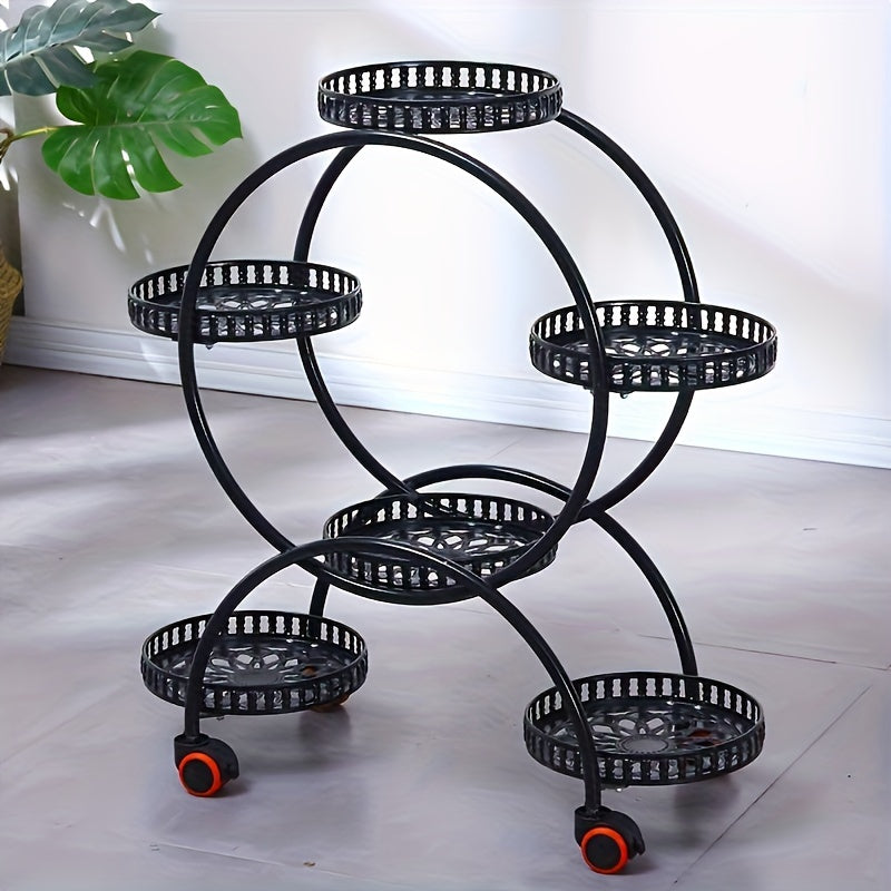 A Piece of Iron Art Flower Rack Indoor Shelves Multilayer with Wheels Floor Standing Green Flower Pots Rack Household Living Room Balcony Flower Racks
