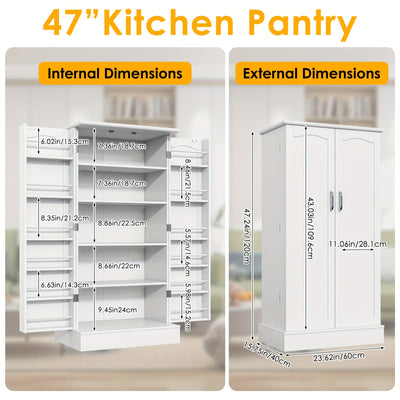 [47" Farmhouse Pantry] 47" White Freestanding Pantry Cabinet with Adjustable Shelves & Doors | Farmhouse Style Kitchen Storage Organizer, 10 Shelves, Durable Wood Construction, No Electricity Needed