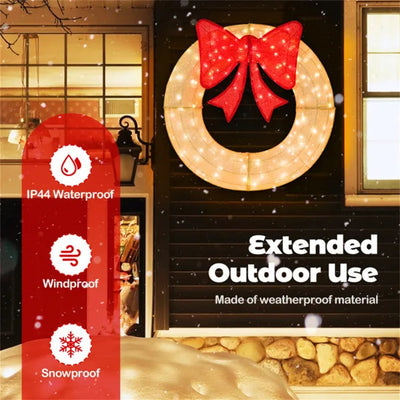 Pre-Lit Christmas Wreath - 200 LED Lights Warm White Red, Large Bow IP44 Weatherproof For Indoor Outdoor