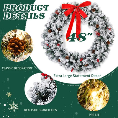 48in Pre-lit Snow Flocked Christmas Wreath, Lighted Artificial Xmas Wreath With 150 Warm White Lights And 450 PVC Tips And DIY Ornaments, For Front Door Gate Wall Xmas Party Decorations, Snowy Green