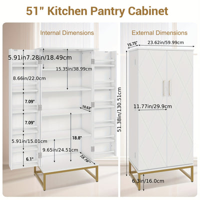 51" Modern Kitchen Pantry Cabinet with 6 Adjustable Shelves, Milti-function Storage Cabinet with Golden Metal Base, Versatile Large Buffet Cupboards Sideboard for Dining Room, Bathroom, Living Room, Laudry, White and Golden