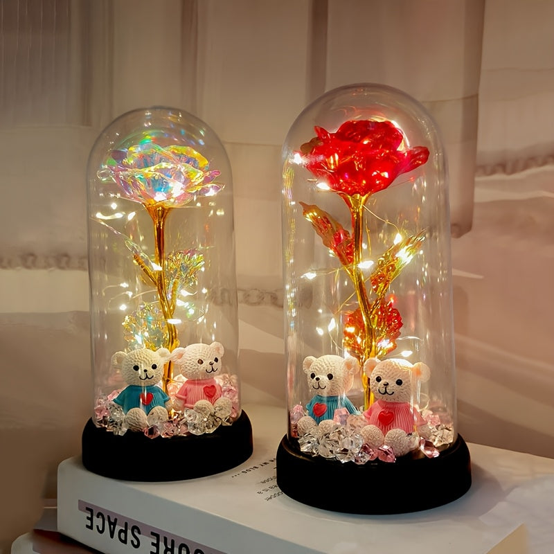 Christmas Rose & Bear Diamond Crystal Plastic Flower Pot - Battery-Powered (AAA Not Included) for Home Decor, Valentine'S Day, Mother'S Day, Graduation Gifts, Eternal Floral Preserved Bouquet, Holiday Gift Item | Whimsical De