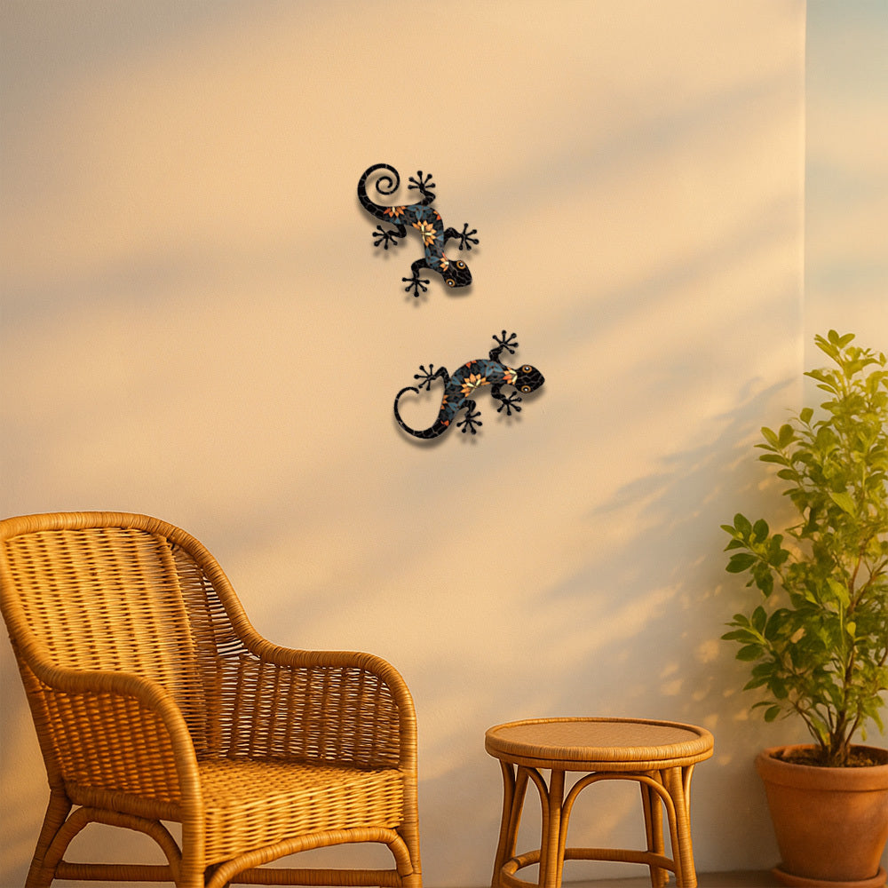 2-Pack Metal Gecko Wall Ornaments - Weather-Resistant For Garden, Patio, Fences
