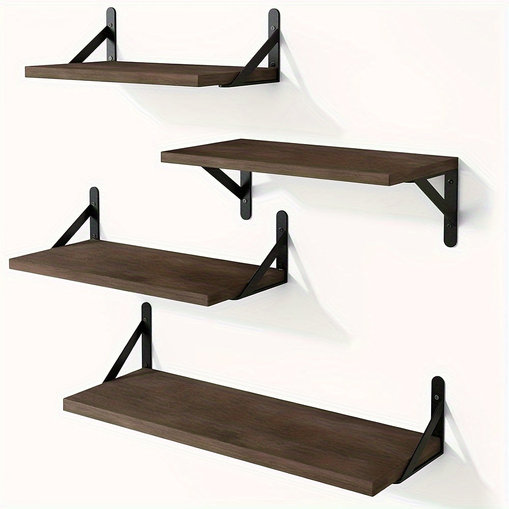 4 Pack Rustic Floating Shelves - Solid Wood Wall Mounted Shelves with Black Metal Brackets, Easy Install Storage & Display Shelves for Living Room, Bedroom, Office - Holds Books, Plants, Pictures, Christmas Decor (Walnut Fini