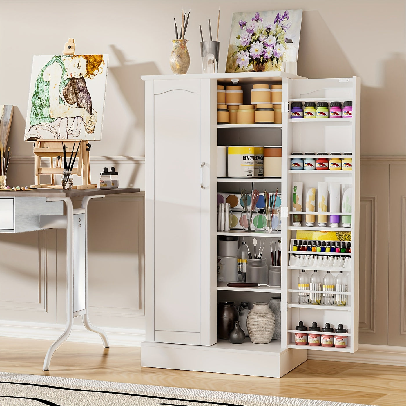 [47" Farmhouse Pantry] 47" White Freestanding Pantry Cabinet with Adjustable Shelves & Doors | Farmhouse Style Kitchen Storage Organizer, 10 Shelves, Durable Wood Construction, No Electricity Needed