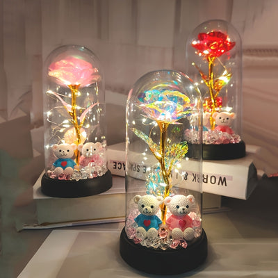 Christmas Rose & Bear Diamond Crystal Plastic Flower Pot - Battery-Powered (AAA Not Included) for Home Decor, Valentine'S Day, Mother'S Day, Graduation Gifts, Eternal Floral Preserved Bouquet, Holiday Gift Item | Whimsical De