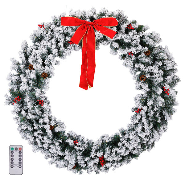 60in Pre-lit Snow Flocked Christmas Wreath, Lighted Artificial Xmas Wreath With 220 Warm White Lights And 600 PVC Tips And DIY Ornaments, For Front Door Gate Wall Xmas Party Decorations, Snowy Green