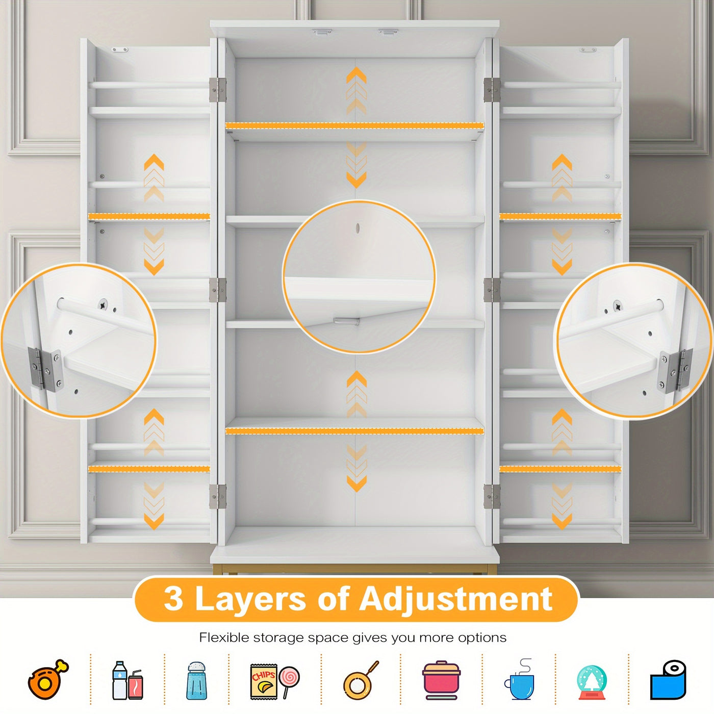 51" Modern Kitchen Pantry Cabinet with 6 Adjustable Shelves, Milti-function Storage Cabinet with Golden Metal Base, Versatile Large Buffet Cupboards Sideboard for Dining Room, Bathroom, Living Room, Laudry, White and Golden