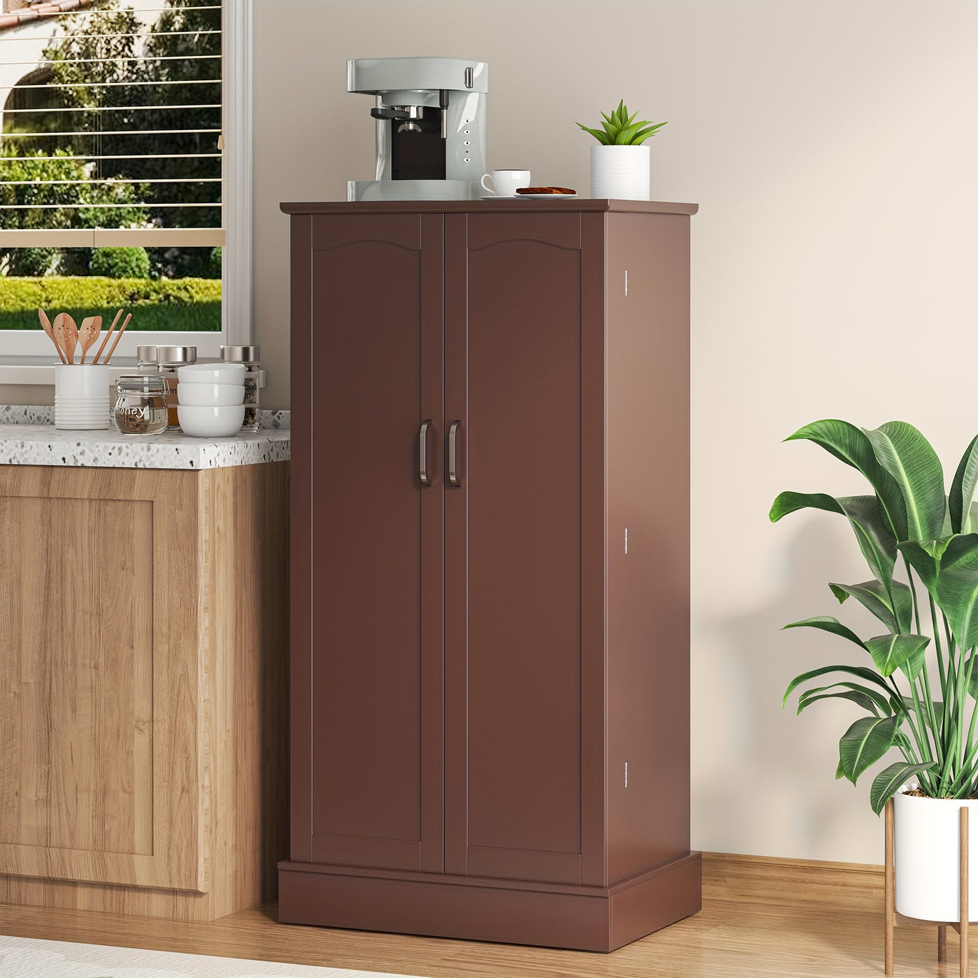 [47" Farmhouse Pantry] 47" White Freestanding Pantry Cabinet with Adjustable Shelves & Doors | Farmhouse Style Kitchen Storage Organizer, 10 Shelves, Durable Wood Construction, No Electricity Needed