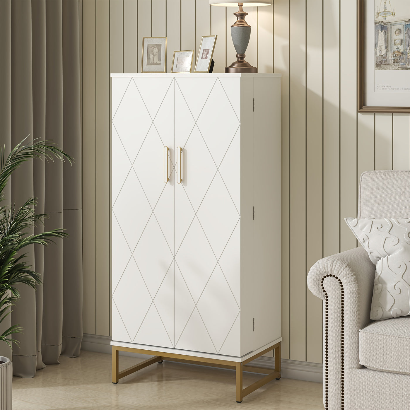 51" Modern Kitchen Pantry Cabinet with 6 Adjustable Shelves, Milti-function Storage Cabinet with Golden Metal Base, Versatile Large Buffet Cupboards Sideboard for Dining Room, Bathroom, Living Room, Laudry, White and Golden