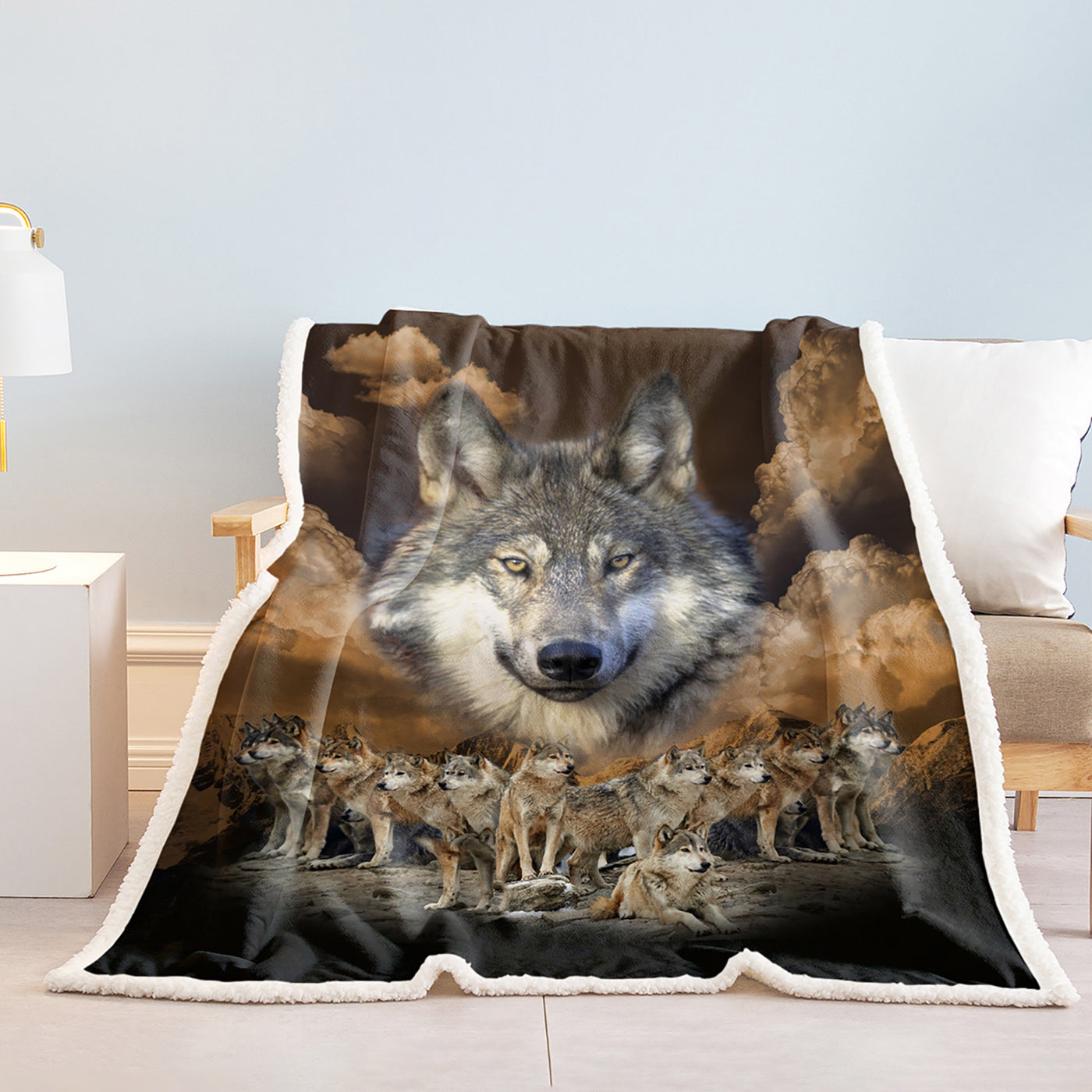 Indian Wolf Sherpa Fleece Blanket Native American Wolf Cozy Warm Fluffy Plush Blanket For Bed Couch Chair Living Room Decor 50x60 Inch 60x80 Inch