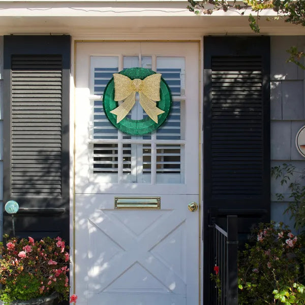 24in Pre-lit Outdoor Christmas Wreath Decoration, Lighted Metal Wreath With Golden Bow, Green And Warm White LED Lights, For Front Door Gate Wall Indoor Outdoor Holiday Party