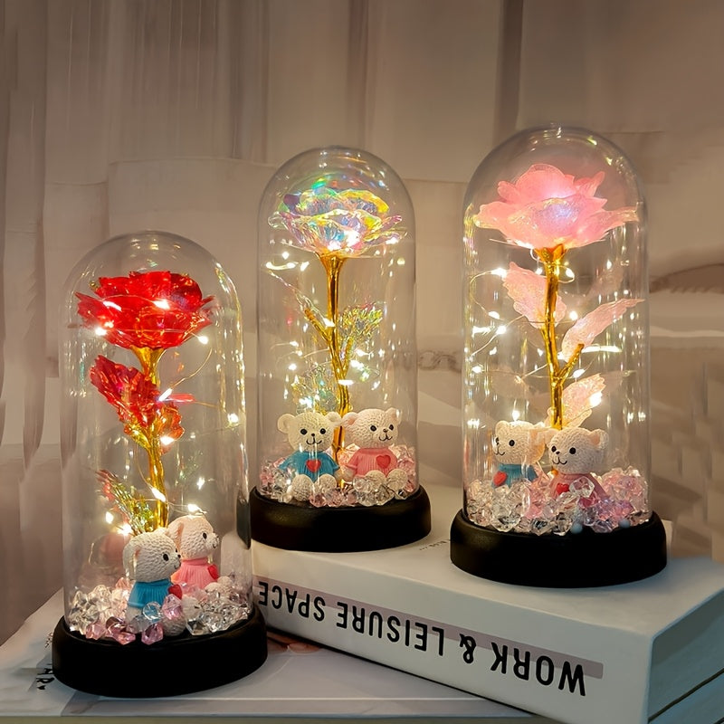 Christmas Rose & Bear Diamond Crystal Plastic Flower Pot - Battery-Powered (AAA Not Included) for Home Decor, Valentine'S Day, Mother'S Day, Graduation Gifts, Eternal Floral Preserved Bouquet, Holiday Gift Item | Whimsical De