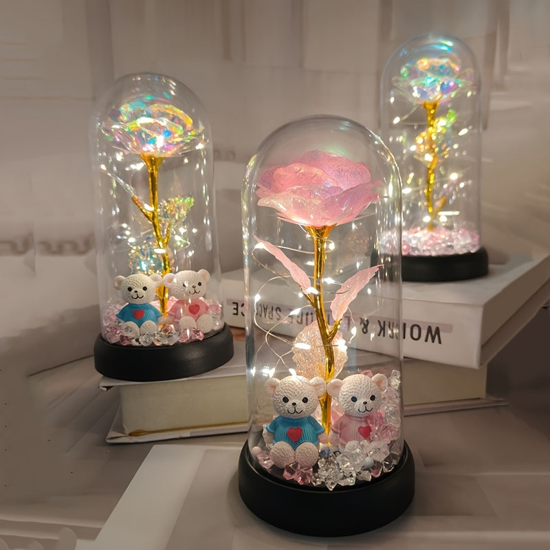 Christmas Rose & Bear Diamond Crystal Plastic Flower Pot - Battery-Powered (AAA Not Included) for Home Decor, Valentine'S Day, Mother'S Day, Graduation Gifts, Eternal Floral Preserved Bouquet, Holiday Gift Item | Whimsical De