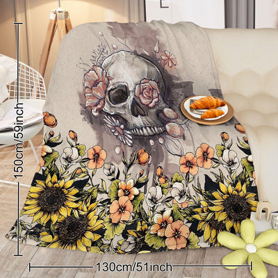 Rustic Skull Sunflower Flannel Fleece Blanket Floral Skull Flannel Soft Plush Throw Blanket Cozy Blankets For Bed Chair Car Sofa Couch Bedroom 75x100cm 130x150cm 150x200cm