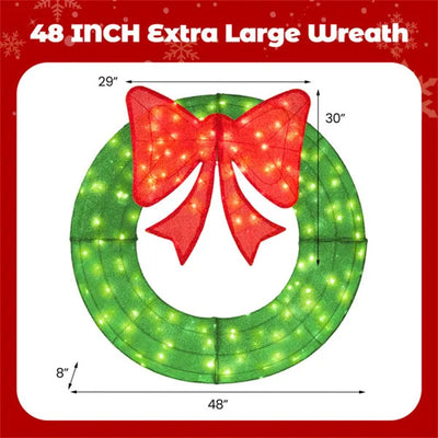 Pre-Lit Christmas Wreath - 200 LED Lights  Warm White Red , Large Bow , IP44 Weatherproof For Indoor Outdoor