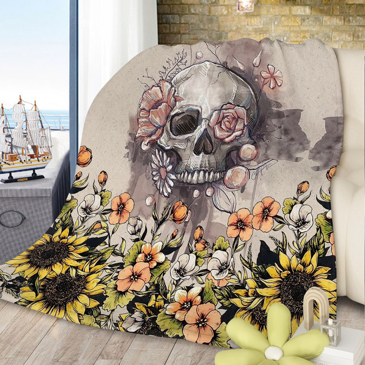 Rustic Skull Sunflower Flannel Fleece Blanket Floral Skull Flannel Soft Plush Throw Blanket Cozy Blankets For Bed Chair Car Sofa Couch Bedroom 75x100cm 130x150cm 150x200cm