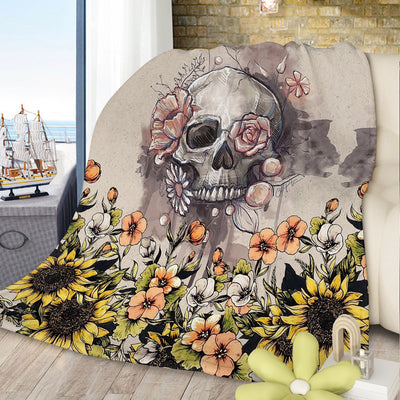Rustic Skull Sunflower Flannel Fleece Blanket Floral Skull Flannel Soft Plush Throw Blanket Cozy Blankets For Bed Chair Car Sofa Couch Bedroom 75x100cm 130x150cm 150x200cm