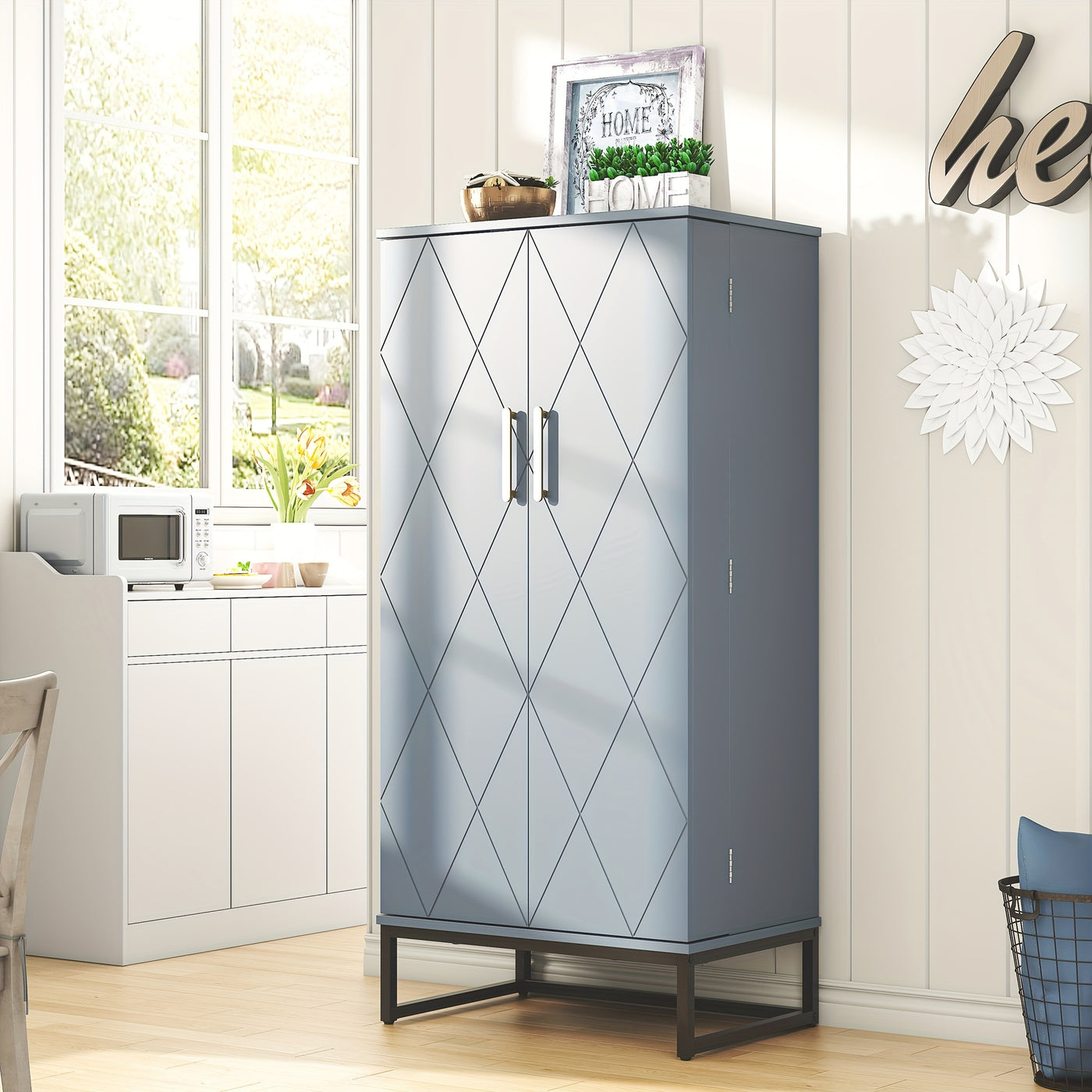 51" Modern Kitchen Pantry Cabinet with 6 Adjustable Shelves, Milti-function Storage Cabinet with Golden Metal Base, Versatile Large Buffet Cupboards Sideboard for Dining Room, Bathroom, Living Room, Laudry, White and Golden