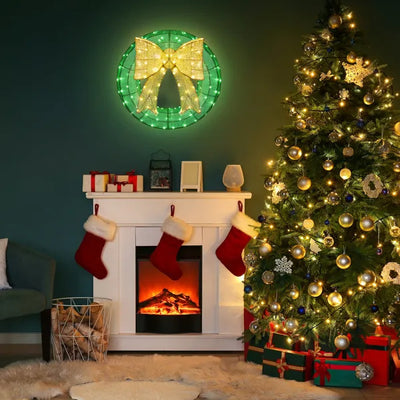 24in Pre-lit Outdoor Christmas Wreath Decoration, Lighted Metal Wreath With Golden Bow, Green And Warm White LED Lights, For Front Door Gate Wall Indoor Outdoor Holiday Party