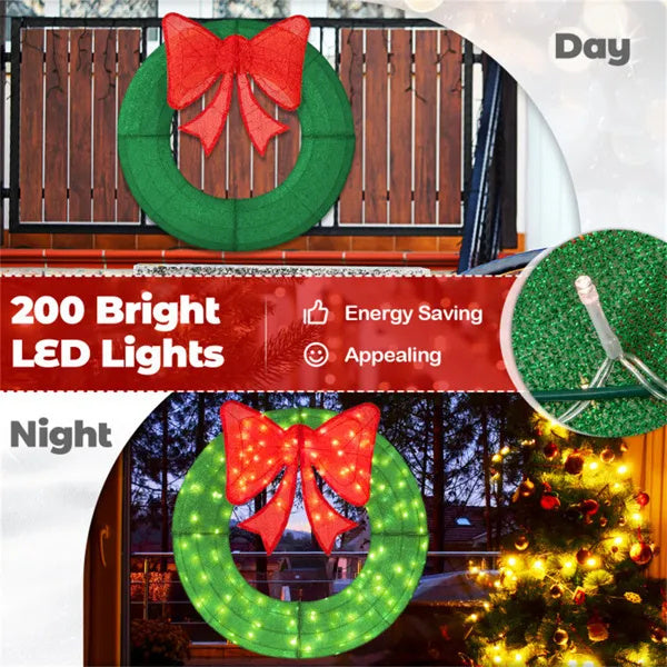 Pre-Lit Christmas Wreath - 200 LED Lights  Warm White Red , Large Bow , IP44 Weatherproof For Indoor Outdoor