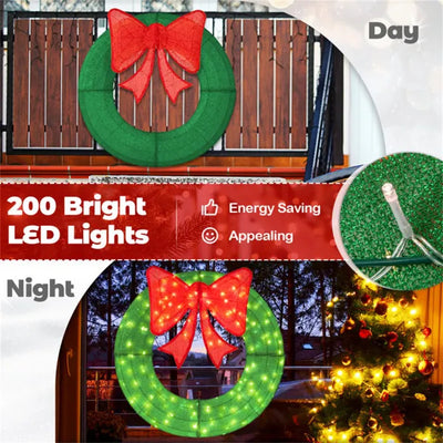 Pre-Lit Christmas Wreath - 200 LED Lights  Warm White Red , Large Bow , IP44 Weatherproof For Indoor Outdoor