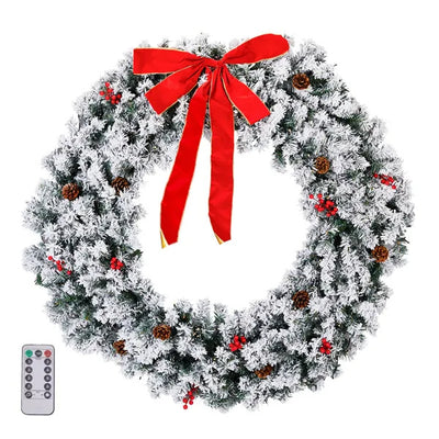 48in Pre-lit Snow Flocked Christmas Wreath, Lighted Artificial Xmas Wreath With 150 Warm White Lights And 450 PVC Tips And DIY Ornaments, For Front Door Gate Wall Xmas Party Decorations, Snowy Green