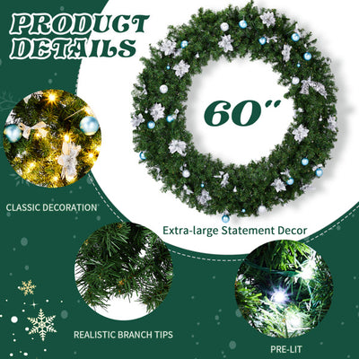 60in Pre-lit Christmas Wreath, Lighted Artificial Xmas Wreath With 220 Cold & Warm White Lights And 600 PVC Tips And DIY Ornaments, For Front Door Gate Wall Xmas Party Decorations, Light Green