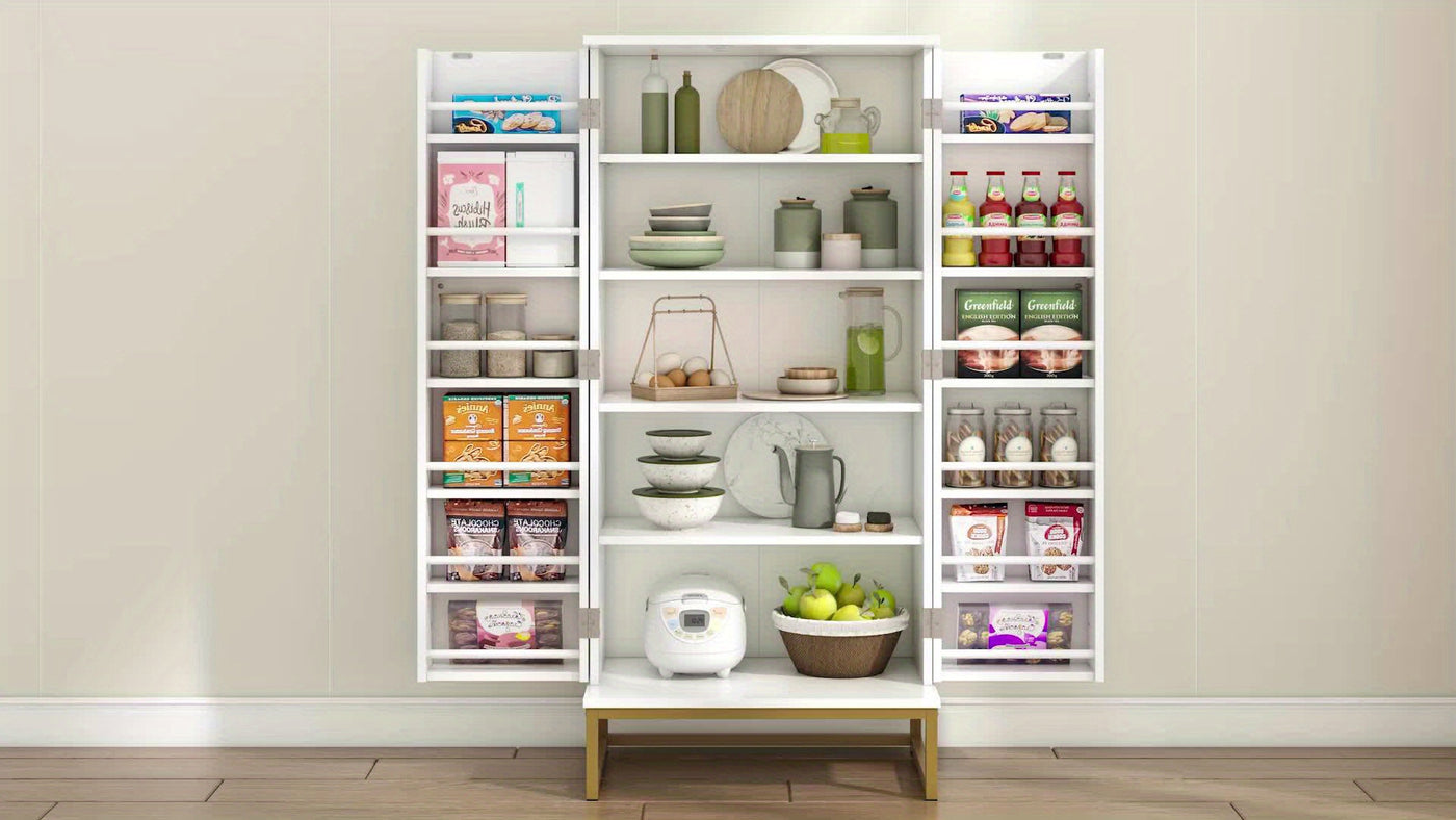 51" Modern Kitchen Pantry Cabinet with 6 Adjustable Shelves, Milti-function Storage Cabinet with Golden Metal Base, Versatile Large Buffet Cupboards Sideboard for Dining Room, Bathroom, Living Room, Laudry, White and Golden