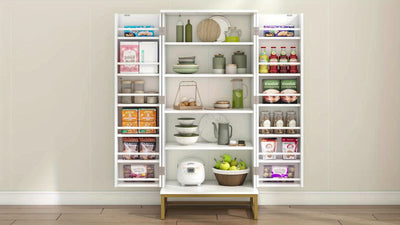 51" Modern Kitchen Pantry Cabinet with 6 Adjustable Shelves, Milti-function Storage Cabinet with Golden Metal Base, Versatile Large Buffet Cupboards Sideboard for Dining Room, Bathroom, Living Room, Laudry, White and Golden