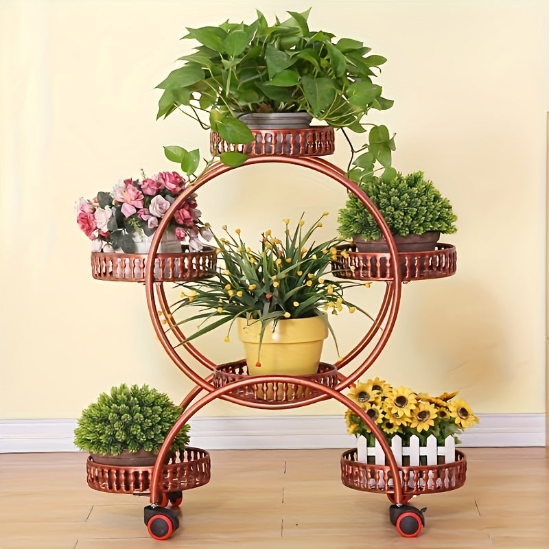 A Piece of Iron Art Flower Rack Indoor Shelves Multilayer with Wheels Floor Standing Green Flower Pots Rack Household Living Room Balcony Flower Racks