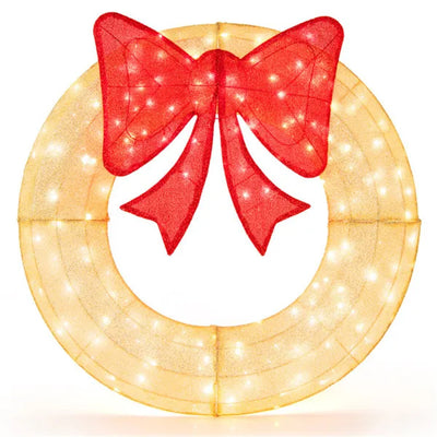 Pre-Lit Christmas Wreath - 200 LED Lights Warm White Red, Large Bow IP44 Weatherproof For Indoor Outdoor