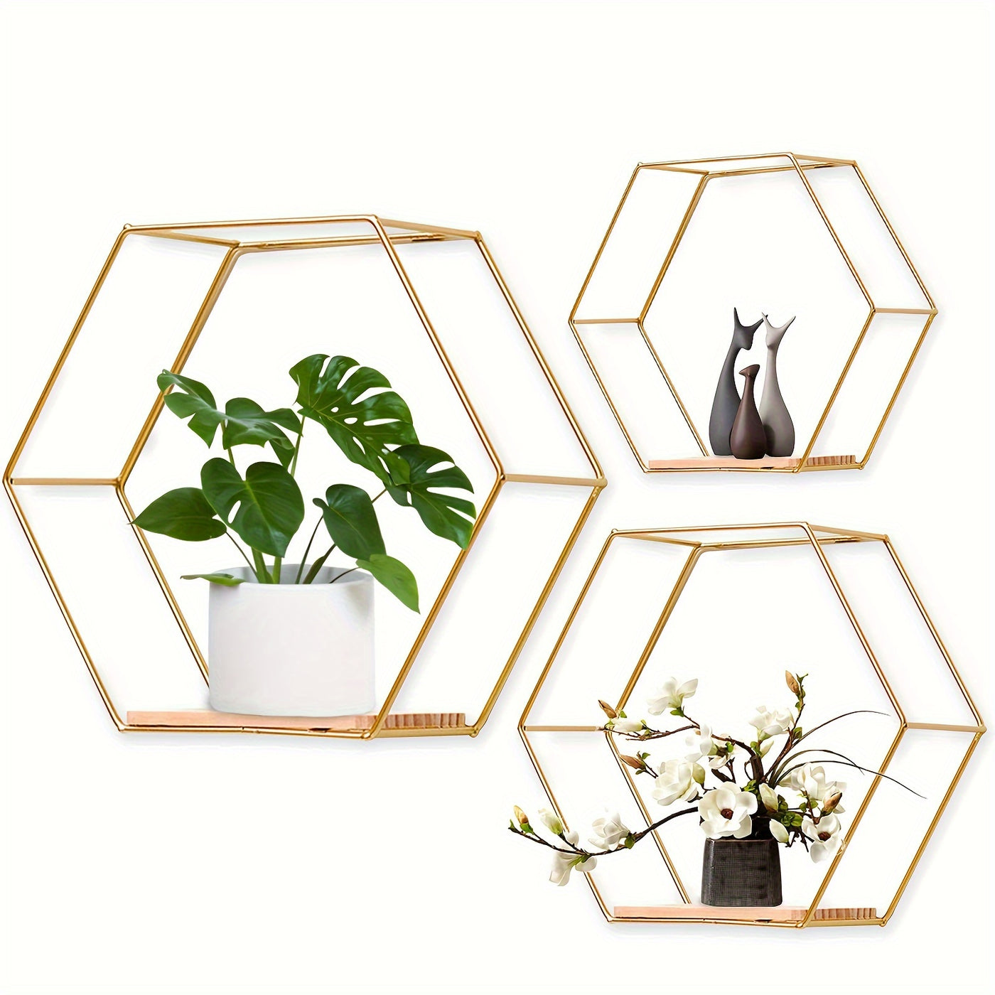 3pcs Modern Wall Hanging Shelves Set, Metal and Wood Floating Shelves for Bathroom, Bedroom, Living Room - Versatile Storage Display, No Golden Pipes