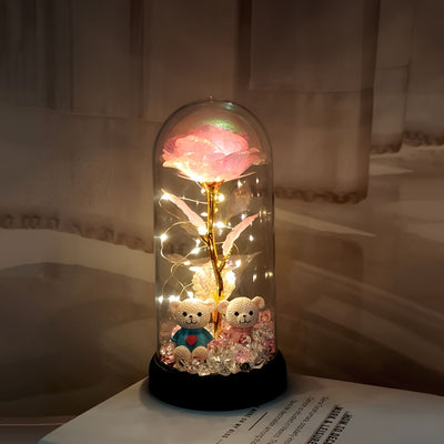 Christmas Rose & Bear Diamond Crystal Plastic Flower Pot - Battery-Powered (AAA Not Included) for Home Decor, Valentine'S Day, Mother'S Day, Graduation Gifts, Eternal Floral Preserved Bouquet, Holiday Gift Item | Whimsical De