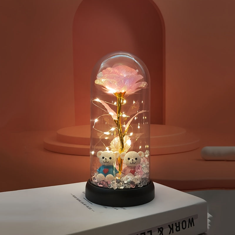 Christmas Rose & Bear Diamond Crystal Plastic Flower Pot - Battery-Powered (AAA Not Included) for Home Decor, Valentine'S Day, Mother'S Day, Graduation Gifts, Eternal Floral Preserved Bouquet, Holiday Gift Item | Whimsical De