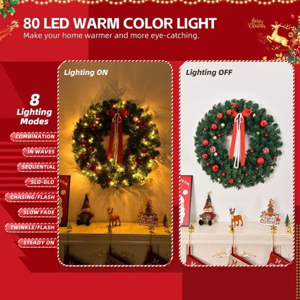 36in Pre-lit Battery Powered Christmas Wreath, Lighted Artificial Xmas Wreath With 80 Warm Lights And 270 PVC Tips And 18 DIY Ornaments, For Front Door Gate Wall Xmas Party Decorations