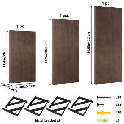 4 Pack Rustic Floating Shelves - Solid Wood Wall Mounted Shelves with Black Metal Brackets, Easy Install Storage & Display Shelves for Living Room, Bedroom, Office - Holds Books, Plants, Pictures, Christmas Decor (Walnut Fini