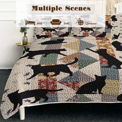 3pcs Of Black Cat Multi Posture Pattern Blanket Set All Season Bedding, 2 Pillowcases For Children, Teenagers, And Adults, Suitable For Bedrooms