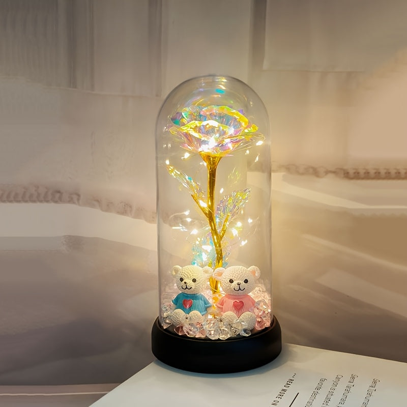 Christmas Rose & Bear Diamond Crystal Plastic Flower Pot - Battery-Powered (AAA Not Included) for Home Decor, Valentine'S Day, Mother'S Day, Graduation Gifts, Eternal Floral Preserved Bouquet, Holiday Gift Item | Whimsical De